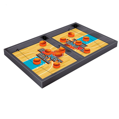 Basketball catapult game Funny board like a real basketball field brings kid's favorite sport to fingertips on a small portable table. 

Use an elastic band to shoot the basketball through the middle door to the opponent's half court. The winner is the on