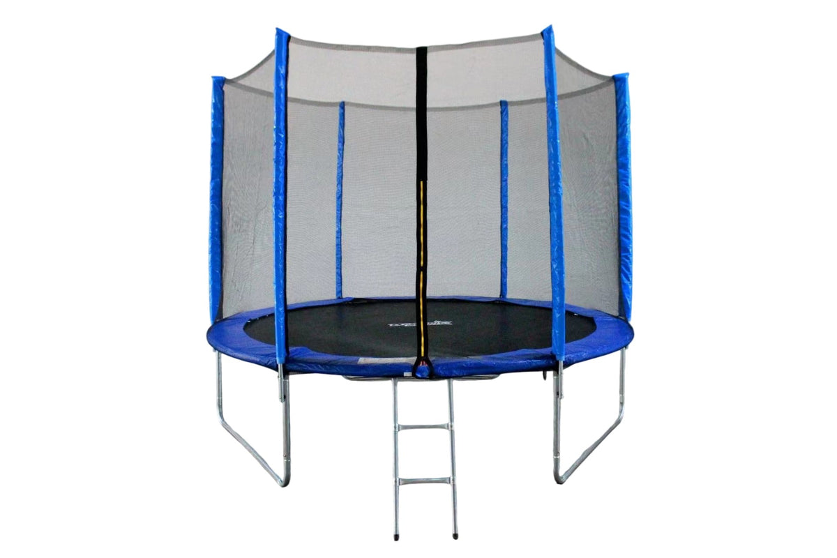 FUNJUMP 10 FT BLUE TRAMPOLINE WITH OUTSIDE SHORT POLE SAFETY NET AND LADDER
