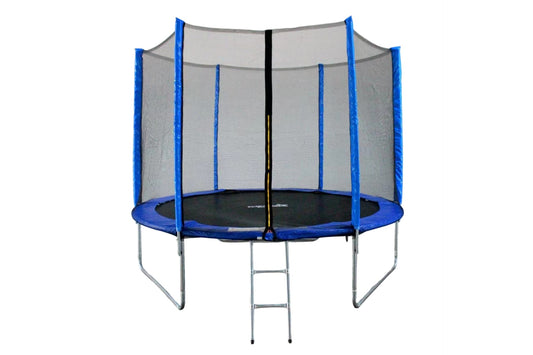 FUNJUMP 10 FT BLUE TRAMPOLINE WITH OUTSIDE SHORT POLE SAFETY NET AND LADDER