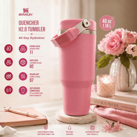 STANELY COFFE MUG SOFT PINK 1485كوب ستانلي آيس فلو بمصّاصة قابلة للطي - 30 أونصة (887 مل)