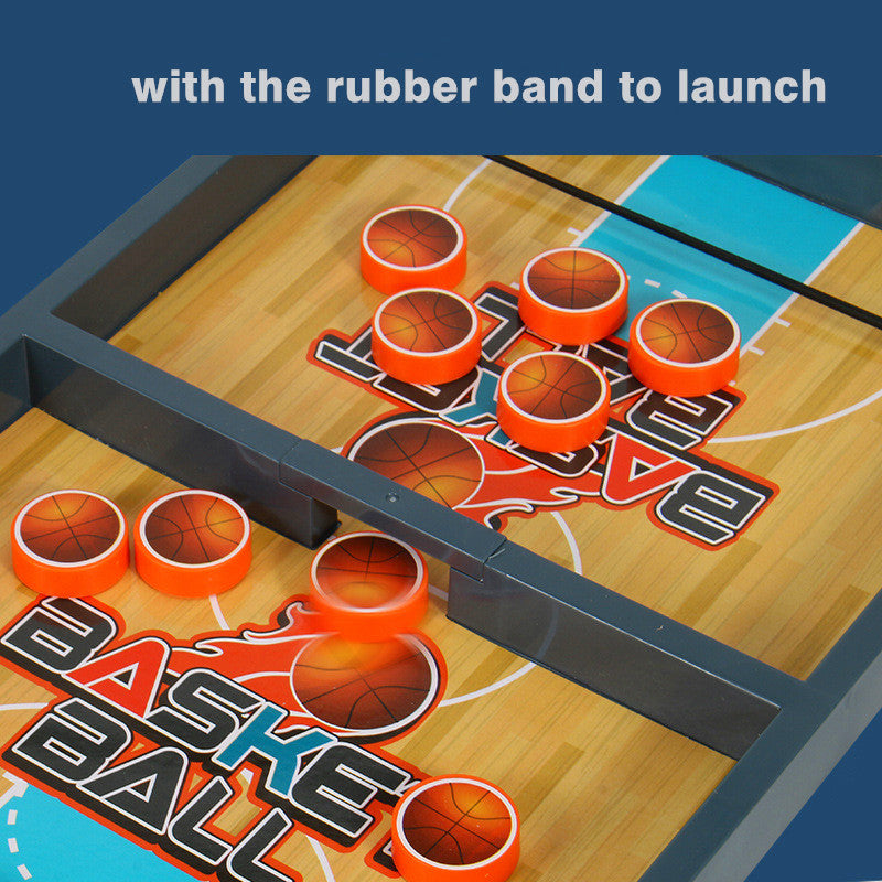 Basketball catapult game Funny board like a real basketball field brings kid's favorite sport to fingertips on a small portable table. 

Use an elastic band to shoot the basketball through the middle door to the opponent's half court. The winner is the on