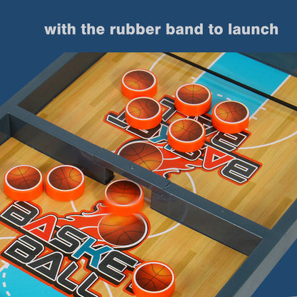 Basketball catapult game Funny board like a real basketball field brings kid's favorite sport to fingertips on a small portable table. 

Use an elastic band to shoot the basketball through the middle door to the opponent's half court. The winner is the on