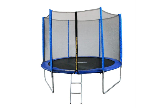 FUNJUMP 10 FT BLUE TRAMPOLINE WITH OUTSIDE SHORT POLE SAFETY NET AND LADDER