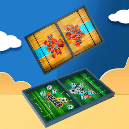 Basketball catapult game Funny board like a real basketball field brings kid's favorite sport to fingertips on a small portable table. 

Use an elastic band to shoot the basketball through the middle door to the opponent's half court. The winner is the on