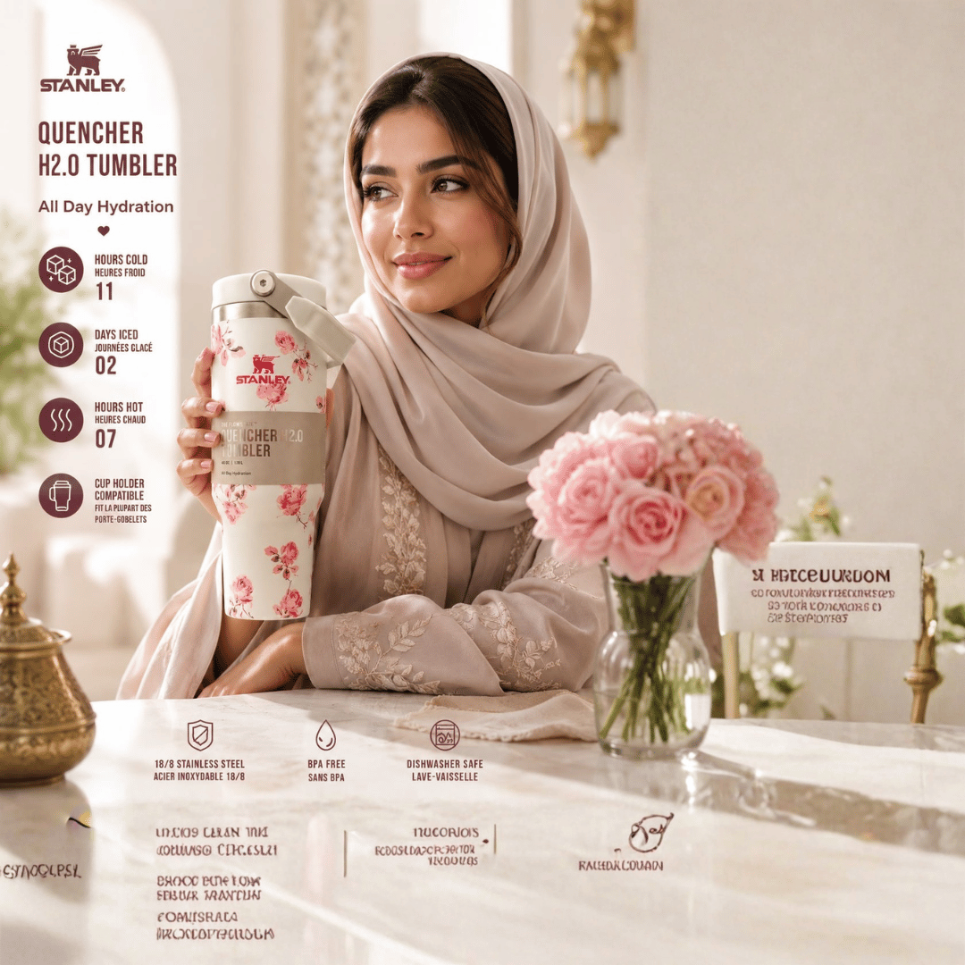 Stanley x LoveShackFancy Quencher H2.0 FlowState Tumblerكوب ستانلي × لوف شاك فانسي كوينشر H2.0 فلو ستيت