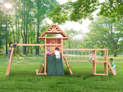 MOUNTPEAK - DOBLE DECKER EVEREST SWING SET  & PLAYHOUSE WITH WOODEN ROOF