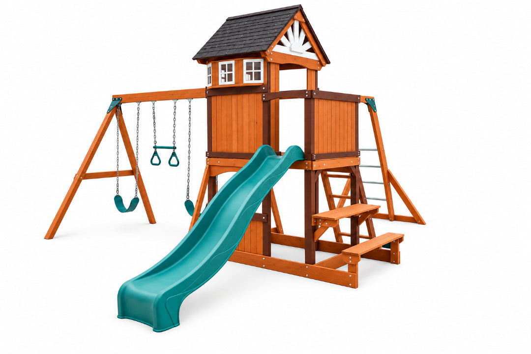 MOUNTPEAK - VINSON MASSIF SWING SET & PLAYHOUSE WITH WOODEN ROOF