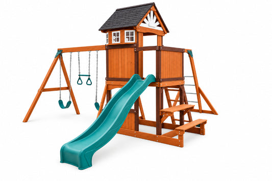 MOUNTPEAK - VINSON MASSIF SWING SET & PLAYHOUSE WITH WOODEN ROOF