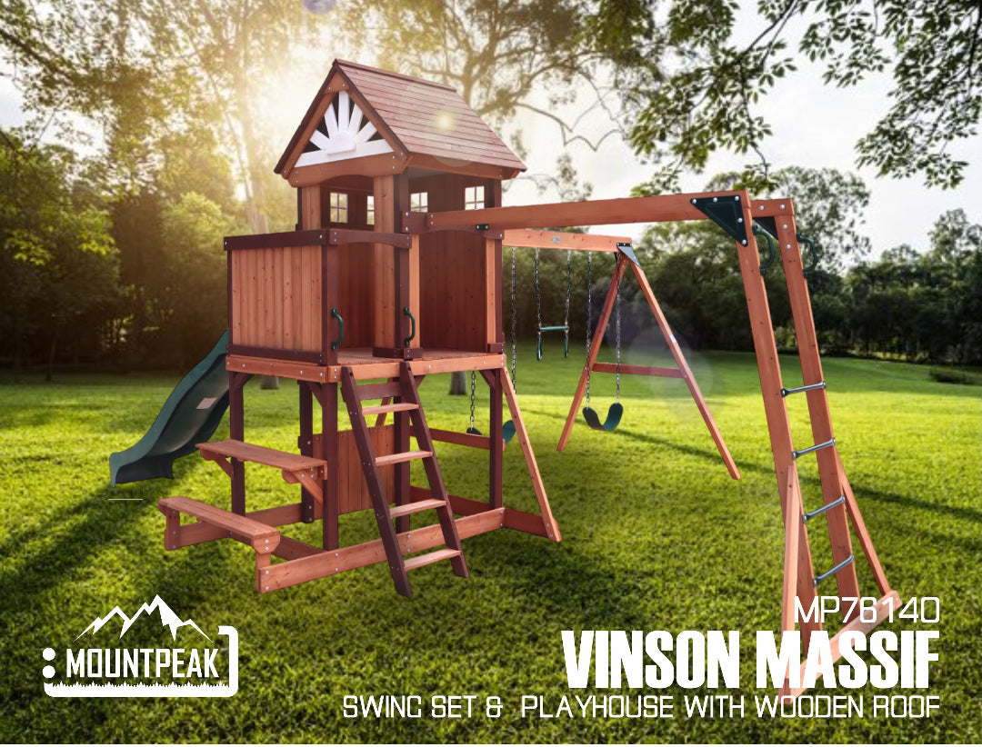 MOUNTPEAK - VINSON MASSIF SWING SET & PLAYHOUSE WITH WOODEN ROOF